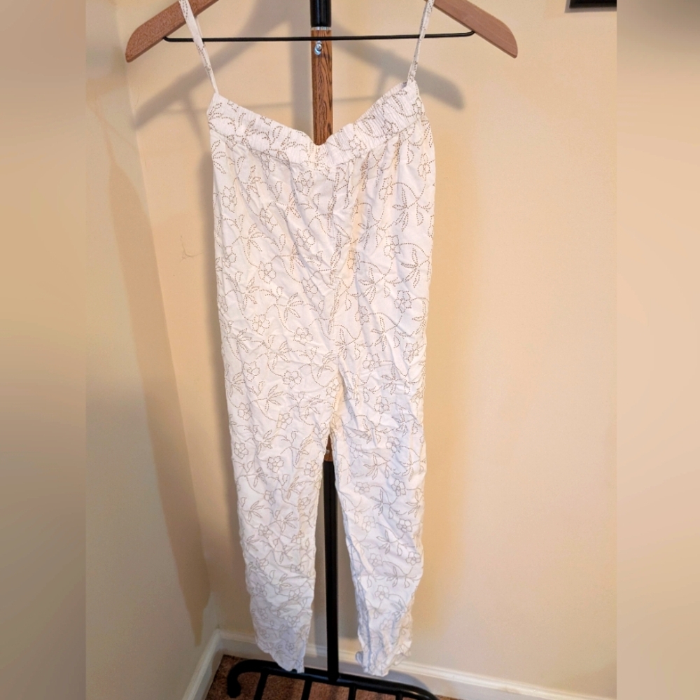 White with gold block print pants